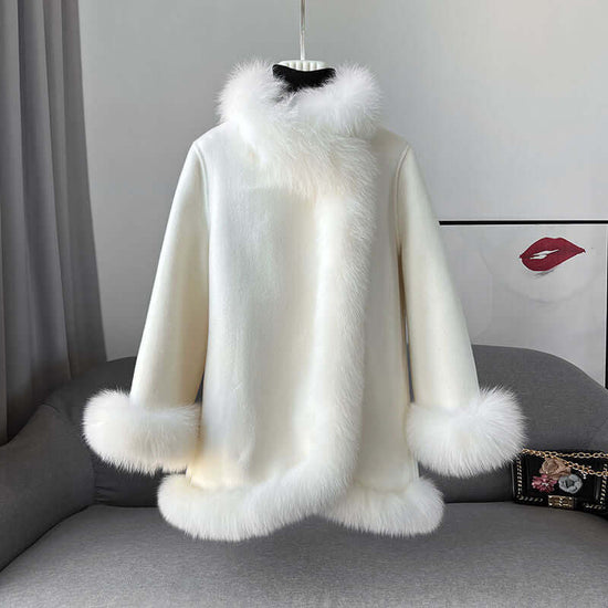 Socialite Cloak Fur Jacket Women's Reversible Woolen Coat Mid-length Young $119.00 Dana Fashion Color: Beige Size: L Women's clothing Product information: Fabric name: acrylic Color: Milky yellow, peach pink, creamy-white, blue, red, pink Sleeve type: fly