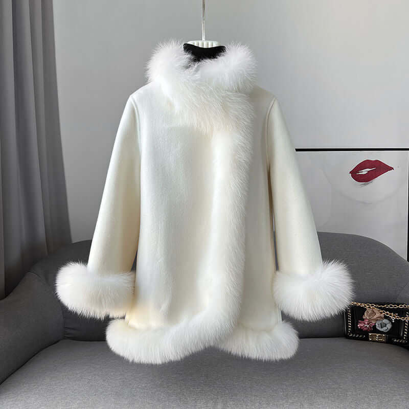 Socialite Cloak Fur Jacket Women's Reversible Woolen Coat Mid-length Young $119.00 Dana Fashion Color: Beige Size: L Women's clothing Product information: Fabric name: acrylic Color: Milky yellow, peach pink, creamy-white, blue, red, pink Sleeve type: fly