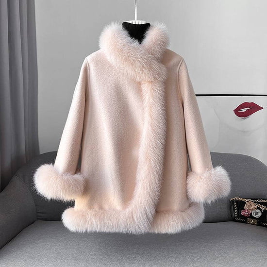 Socialite Cloak Fur Jacket Women's Reversible Woolen Coat Mid-length Young $119.00 Dana Fashion Color: Peach Pink Size: L Women's clothing Product information: Fabric name: acrylic Color: Milky yellow, peach pink, creamy-white, blue, red, pink Sleeve type