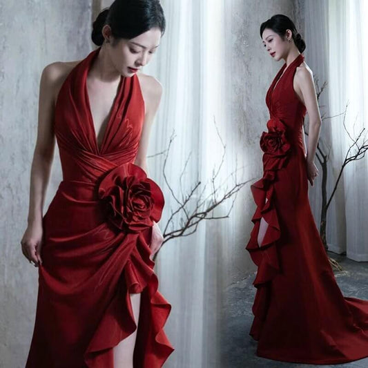 Socialite Style Wine Red Elegant Halter Bride Wedding Toast Dress $180.88 Dana Fashion Color: Red Size: L Women's clothing Product information: Fabric name: Silk Color: red Sleeve type: Regular Main fabric composition: Spandex Waist Type: Mid waist Applic