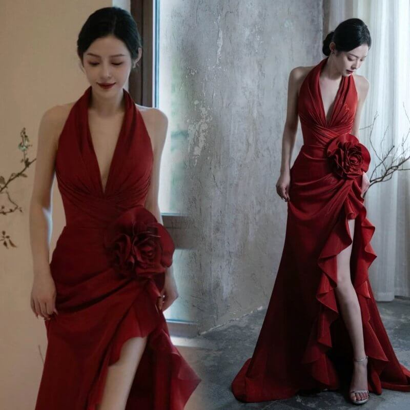 Socialite Style Wine Red Elegant Halter Bride Wedding Toast Dress $180.88 Dana Fashion Color: Red Size: L Women's clothing Product information: Fabric name: Silk Color: red Sleeve type: Regular Main fabric composition: Spandex Waist Type: Mid waist Applic