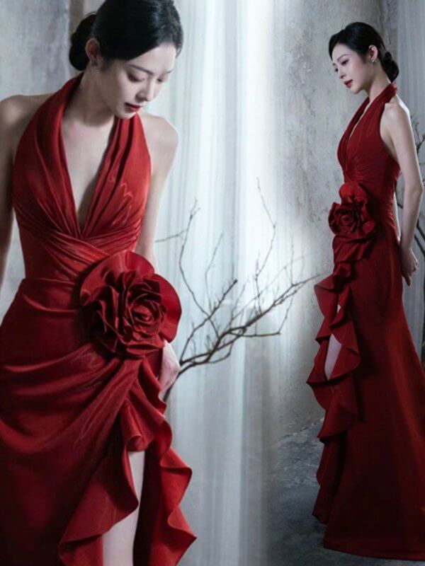 Socialite Style Wine Red Elegant Halter Bride Wedding Toast Dress $180.88 Dana Fashion Color: Red Size: L Women's clothing Product information: Fabric name: Silk Color: red Sleeve type: Regular Main fabric composition: Spandex Waist Type: Mid waist Applic
