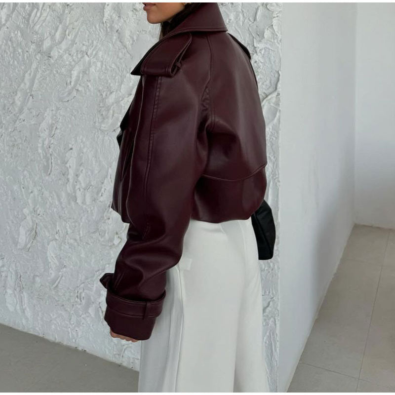 Solid Color Leather Coat Short Loose Design Women's $59.00 Dana Fashion Color: Dark Red Size: L Women's clothing Product information: Color: dark red Size: S, M, L Style type: Japanese and Korean casual With fur collar or not: no fur collar Leather classi