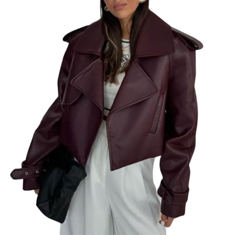 Solid Color Leather Coat Short Loose Design Women's $59.00 Dana Fashion Color: Dark Red Size: L Women's clothing Product information: Color: dark red Size: S, M, L Style type: Japanese and Korean casual With fur collar or not: no fur collar Leather classi