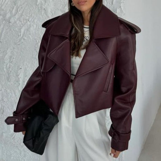 Solid Color Leather Coat Short Loose Design Women's $59.00 Dana Fashion Color: Dark Red Size: L Women's clothing Product information: Color: dark red Size: S, M, L Style type: Japanese and Korean casual With fur collar or not: no fur collar Leather classi
