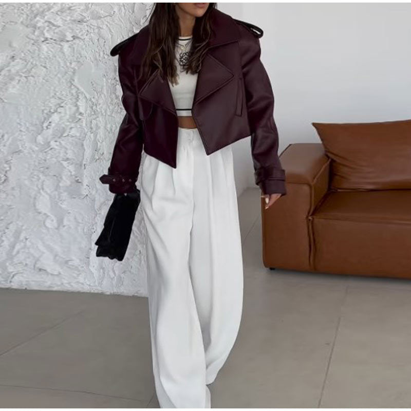 Solid Color Leather Coat Short Loose Design Women's $59.00 Dana Fashion Color: Dark Red Size: L Women's clothing Product information: Color: dark red Size: S, M, L Style type: Japanese and Korean casual With fur collar or not: no fur collar Leather classi