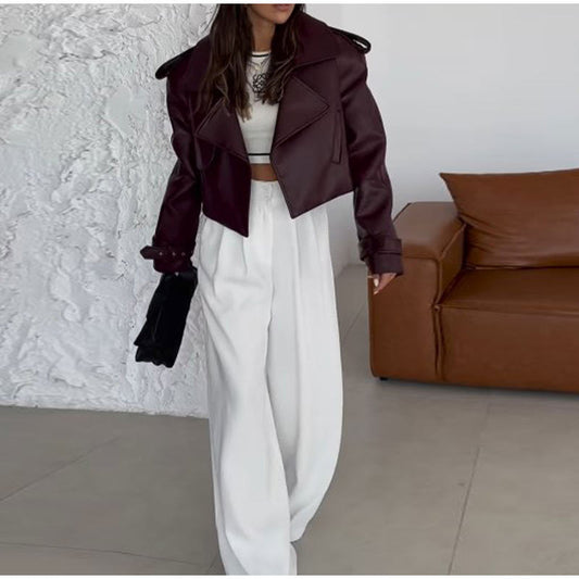 Solid Color Leather Coat Short Loose Design Women's $59.00 Dana Fashion Color: Dark Red Size: L Women's clothing Product information: Color: dark red Size: S, M, L Style type: Japanese and Korean casual With fur collar or not: no fur collar Leather classi