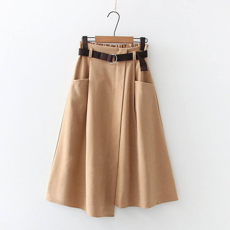 Solid Color Leisure Artistic Pocket High Waist Slimming Irregular Midi Skirt $31.96 Dana Fashion Color: Apricot Size: Free Size Women's clothing Product information: Fabric name: cotton blend Skirt-type: asymmetric skirt Color: Black, apricot, gray, brown