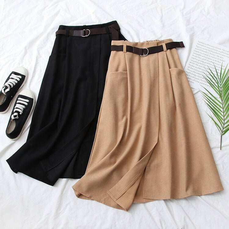 Solid Color Leisure Artistic Pocket High Waist Slimming Irregular Midi Skirt $31.96 Dana Fashion Color: Apricot Size: Free Size Women's clothing Product information: Fabric name: cotton blend Skirt-type: asymmetric skirt Color: Black, apricot, gray, brown