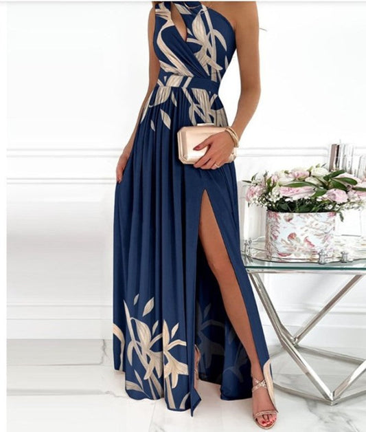 Solid Color One Shoulder Halter High Waist Dress $49.99 Dana Fashion Color: Blue print Size: L Women's clothing معلومات المنتج: اسم القماش: ألياف البوليستر النمط: OL commuter النمط: طباعة العملية: الطباعة/الصباغة النمط: كتف مائل العناصر الشائعة: الطباعة،