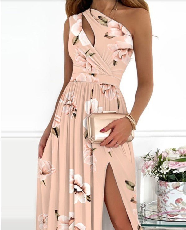 Solid Color One Shoulder Halter High Waist Dress $49.99 Dana Fashion Color: Apricot print Size: L Women's clothing معلومات المنتج: اسم القماش: ألياف البوليستر النمط: OL commuter النمط: طباعة العملية: الطباعة/الصباغة النمط: كتف مائل العناصر الشائعة: الطباع