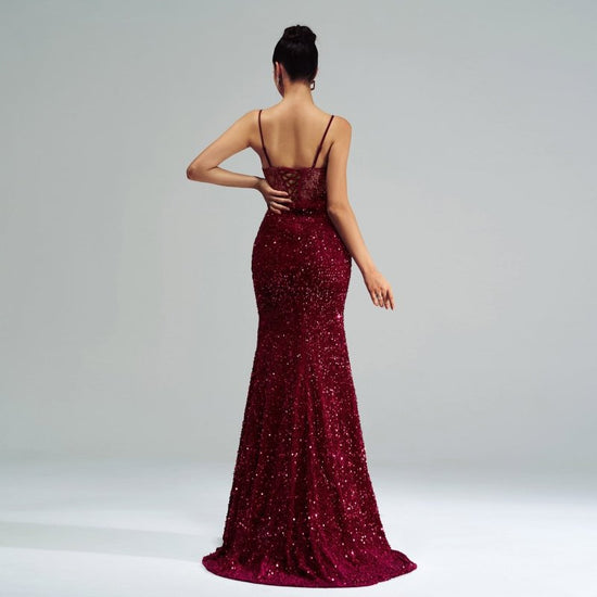 Spaghetti Straps Sleeveless Sequined High Slit Evening Dress $82.50 Dana Fashion Color: White Size: L Women's clothing Product information: Pattern: solid color Skirt type: hip skirt Color: wine red, white Waist type: high waist Size: S,M,L,XL Style type:
