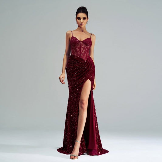 Spaghetti Straps Sleeveless Sequined High Slit Evening Dress $82.50 Dana Fashion Color: White Size: L Women's clothing Product information: Pattern: solid color Skirt type: hip skirt Color: wine red, white Waist type: high waist Size: S,M,L,XL Style type: