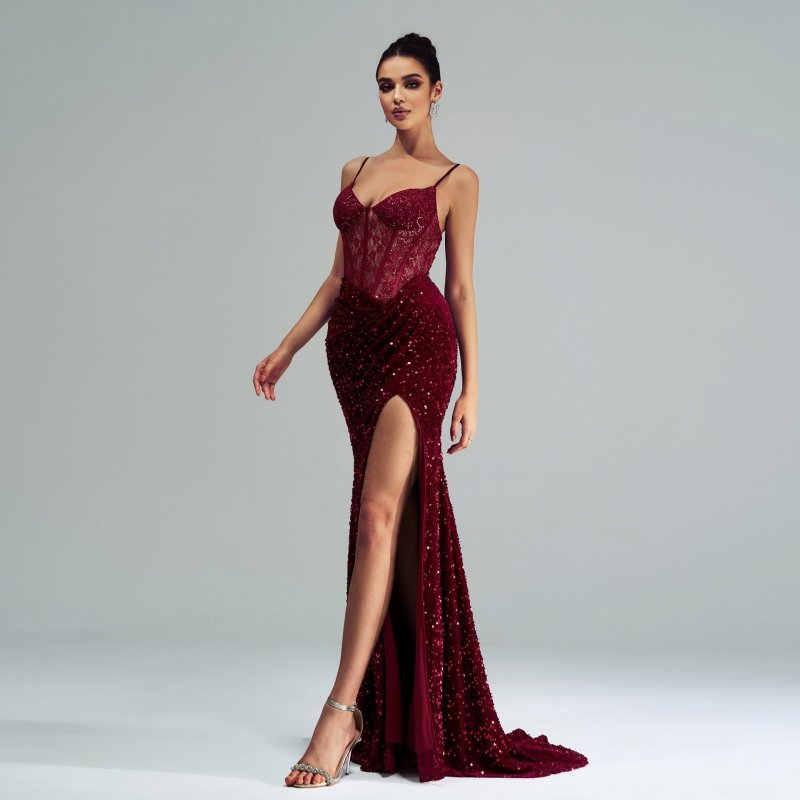 Spaghetti Straps Sleeveless Sequined High Slit Evening Dress $82.50 Dana Fashion Color: White Size: L Women's clothing Product information: Pattern: solid color Skirt type: hip skirt Color: wine red, white Waist type: high waist Size: S,M,L,XL Style type: