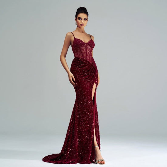 Spaghetti Straps Sleeveless Sequined High Slit Evening Dress $82.50 Dana Fashion Color: White Size: L Women's clothing Product information: Pattern: solid color Skirt type: hip skirt Color: wine red, white Waist type: high waist Size: S,M,L,XL Style type: