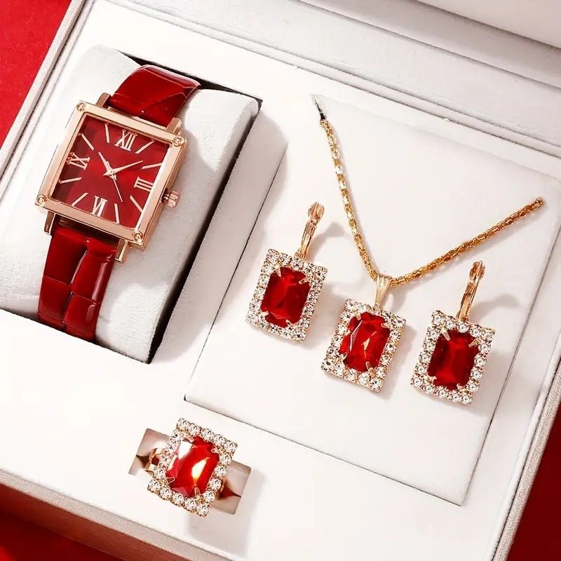 Square Belt Watch Gem Bracelet Suit $49.94 Dana Fashion Color: Red Suit Women's Accessories Product information: Color: green suit, blue suit, red suit, black suit Movement type: Quartz Crown type: Spiral crown Case back type: Ordinary Mirror material: or