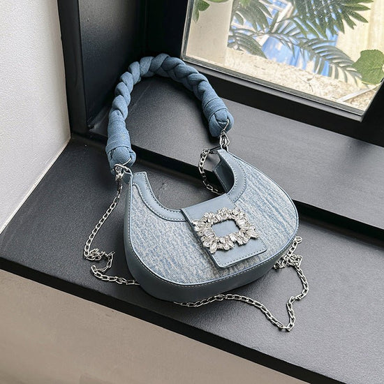 Square Buckle Crescent Twist Braid Women's Bag $46.04 Dana Fashion Color: Light Blue Women's Bags Product information: Lining texture: Polyester Applicable scenario: Daily configuration Color: dark blue, light blue Hardness: soft Material: denim Suitcase