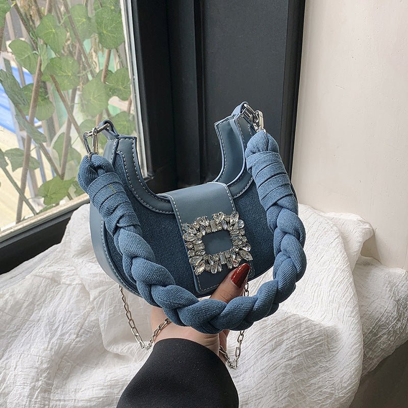 Square Buckle Crescent Twist Braid Women's Bag $46.04 Dana Fashion Color: Dark Blue Women's Bags Product information: Lining texture: Polyester Applicable scenario: Daily configuration Color: dark blue, light blue Hardness: soft Material: denim Suitcase s