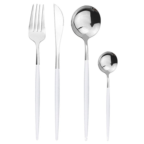 Stainless steel cutlery cutlery set $49.54 Dana Fashion Color: White silver Quantity: 6 sets 24pcs Dana's Kitchen Modname = produits & cols = 5 & colspace = 10 & rowspace = 10 & showName = true & showPrice = tru Informations sur le produit Modname = ckedi