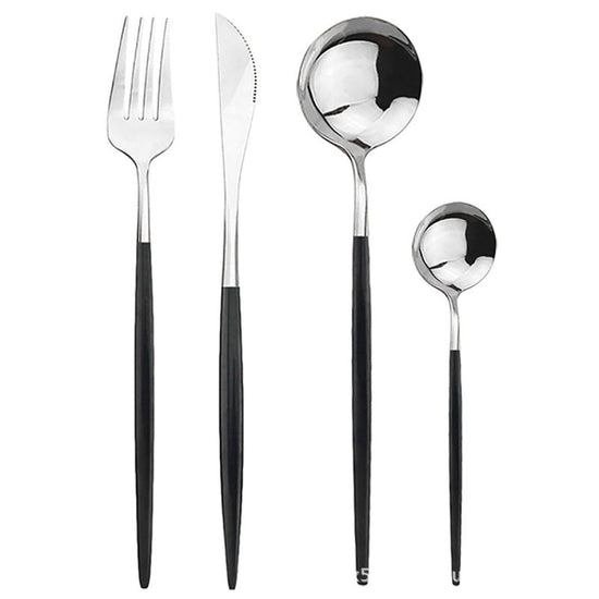 Stainless steel cutlery cutlery set $63.44 Dana Fashion Color: Black silver Quantity: 6 sets 24pcs Dana's Kitchen Modname = produits & cols = 5 & colspace = 10 & rowspace = 10 & showName = true & showPrice = tru Informations sur le produit Modname = ckedi