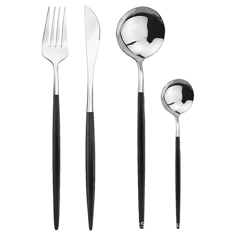 Stainless steel cutlery cutlery set $63.44 Dana Fashion Color: Black silver Quantity: 6 sets 24pcs Dana's Kitchen Modname = produits & cols = 5 & colspace = 10 & rowspace = 10 & showName = true & showPrice = tru Informations sur le produit Modname = ckedi