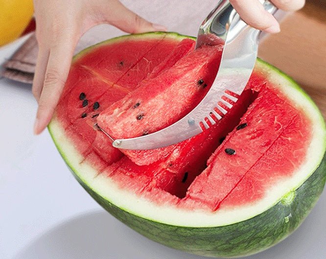 Stainless Steel Cutter For Watermelon Hami Melon Pitaya Pawpaw $10.52 Dana Fashion Color: Green Dana's Kitchen Overview: Kind-friendly, fast and easy watermelon slicer. Get the most out of your watermelon. Simply using and keeps your hands clean. Smart an