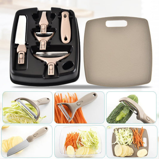 Stainless Steel Cutter Set Three Piece Set Wheat Straw Chopping Board Fruit Knife Peeler Combined Kitchen Tools $44.93 Dana Fashion Color: Brown Dana's Kitchen Overview: Ergonomic Design: Designed for comfort, the ergonomic handle reduces hand fatigue dur