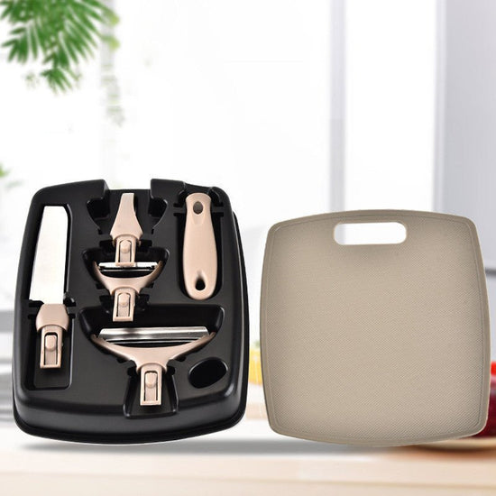 Stainless Steel Cutter Set Three Piece Set Wheat Straw Chopping Board Fruit Knife Peeler Combined Kitchen Tools $44.93 Dana Fashion Color: Brown Dana's Kitchen Overview: Ergonomic Design: Designed for comfort, the ergonomic handle reduces hand fatigue dur