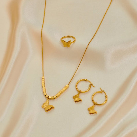 Stainless Steel Jewelry Set Necklace Earrings Ring Three-piece Set $29.31 Dana Fashion Color: Butterfly 1 Women's Accessories Product information: Treatment Process: Electroplating Color: Butterfly-1, butterfly-2, butterfly-3, butterfly combination chart