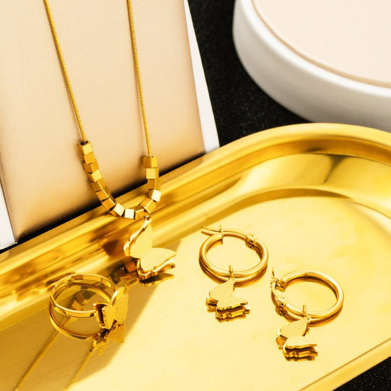 Stainless Steel Jewelry Set Necklace Earrings Ring Three-piece Set $55.85 Dana Fashion Color: Butterfly Combination Women's Accessories Product information: Treatment Process: Electroplating Color: Butterfly-1, butterfly-2, butterfly-3, butterfly combinat