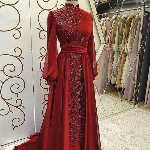 Stand Collar Luxury Long Sleeve Evening Dress $350.00 Dana Fashion Color: Picture Color Size: US10 Women's clothing Product information: Fabric name: lace Color: Picture color Sleeve type: regular sleeve Main fabric composition: Polyester Fiber (polyester