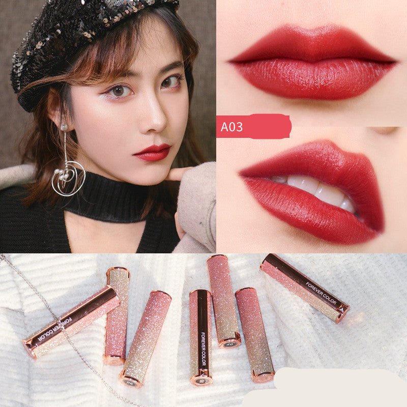 Starry lipstick $21.80 Dana Fashion Style: A03 makeup Brand: xixi Color :A01 pumpkin color,A02 classic red,A03 red persimmon,A04 milk coffee color,A05 brick red,A06 rose wood ,A07 cherries,A08 apricot orange,A09 bean paste,A10 reddish-brown
