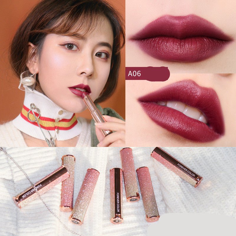 Starry lipstick $21.80 Dana Fashion Style: A06 makeup Brand: xixi Color :A01 pumpkin color,A02 classic red,A03 red persimmon,A04 milk coffee color,A05 brick red,A06 rose wood ,A07 cherries,A08 apricot orange,A09 bean paste,A10 reddish-brown