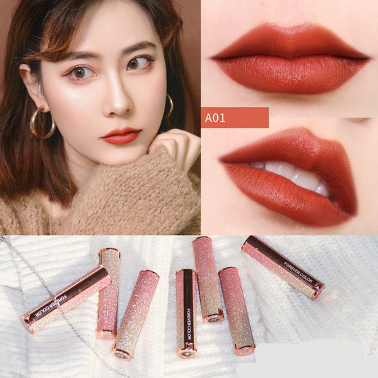 Starry lipstick $21.80 Dana Fashion Style: A01 makeup Brand: xixi Color :A01 pumpkin color,A02 classic red,A03 red persimmon,A04 milk coffee color,A05 brick red,A06 rose wood ,A07 cherries,A08 apricot orange,A09 bean paste,A10 reddish-brown