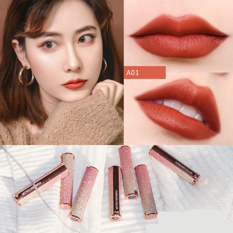 Starry lipstick $21.80 Dana Fashion Style: A01 makeup Brand: xixi Color :A01 pumpkin color,A02 classic red,A03 red persimmon,A04 milk coffee color,A05 brick red,A06 rose wood ,A07 cherries,A08 apricot orange,A09 bean paste,A10 reddish-brown
