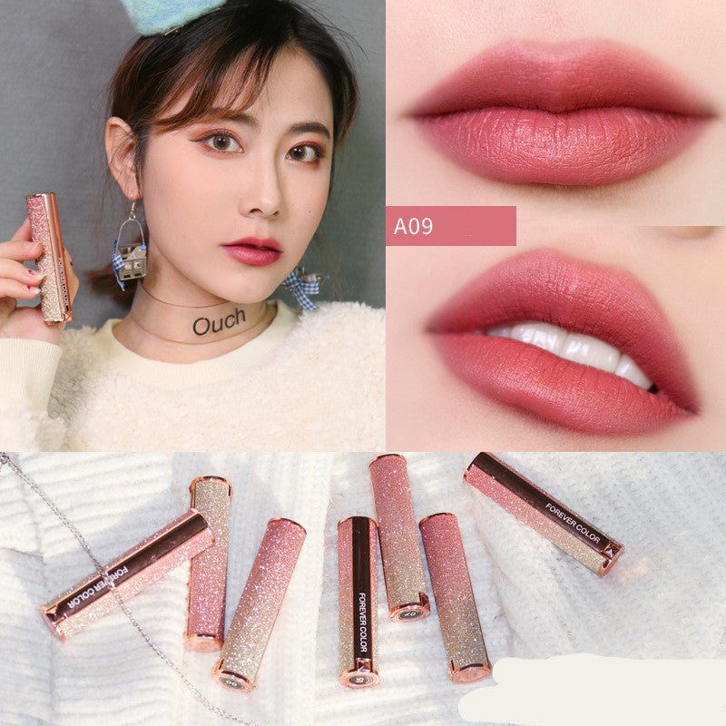 Starry lipstick $21.80 Dana Fashion Style: A09 makeup Brand: xixi Color :A01 pumpkin color,A02 classic red,A03 red persimmon,A04 milk coffee color,A05 brick red,A06 rose wood ,A07 cherries,A08 apricot orange,A09 bean paste,A10 reddish-brown