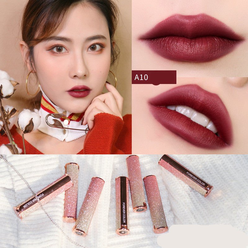 Starry lipstick $21.80 Dana Fashion Style: A10 makeup Brand: xixi Color :A01 pumpkin color,A02 classic red,A03 red persimmon,A04 milk coffee color,A05 brick red,A06 rose wood ,A07 cherries,A08 apricot orange,A09 bean paste,A10 reddish-brown