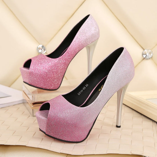 Stiletto Waterproof Shallow Mouth Fish Mouth Pumps $49.50 Dana Fashion Color: Rose Red 12cm size: 34 Women's shoes Product information: Lining material: Microfiber Color: gold 14cm, silver 14cm, rose 14cm, gold 12cm, silver 12cm, rose 12cm Upper height: l