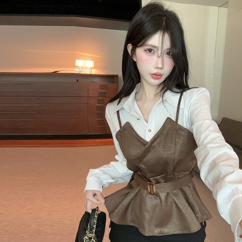 Stitching Leather Waist Trimming Spaghetti Straps Slim Fit Fake Two-piece Shirt $62.91 Dana Fashion Color: Black Size: Free Size Women's clothing Product information: Fabric name: Polyester Color: black, khaki Sleeve type: shirt sleeve Size: free size Sty