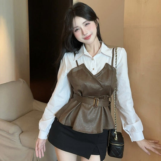Stitching Leather Waist Trimming Spaghetti Straps Slim Fit Fake Two-piece Shirt $62.91 Dana Fashion Color: Black Size: Free Size Women's clothing Product information: Fabric name: Polyester Color: black, khaki Sleeve type: shirt sleeve Size: free size Sty