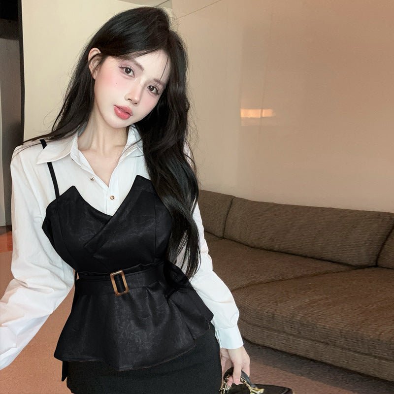 Stitching Leather Waist Trimming Spaghetti Straps Slim Fit Fake Two-piece Shirt $62.91 Dana Fashion Color: Black Size: Free Size Women's clothing Product information: Fabric name: Polyester Color: black, khaki Sleeve type: shirt sleeve Size: free size Sty