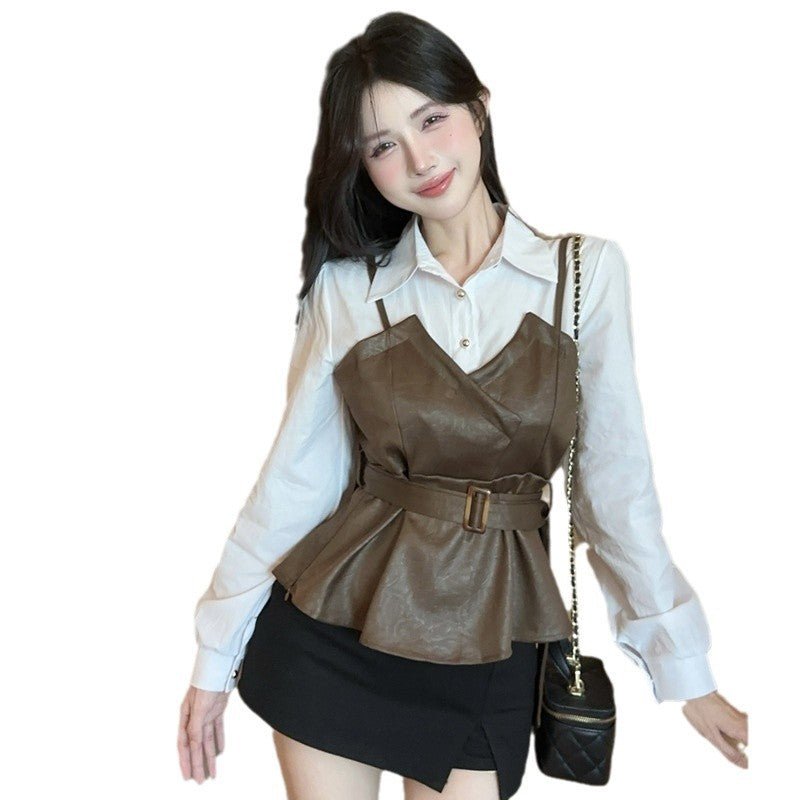 Stitching Leather Waist Trimming Spaghetti Straps Slim Fit Fake Two-piece Shirt $62.91 Dana Fashion Color: Black Size: Free Size Women's clothing Product information: Fabric name: Polyester Color: black, khaki Sleeve type: shirt sleeve Size: free size Sty