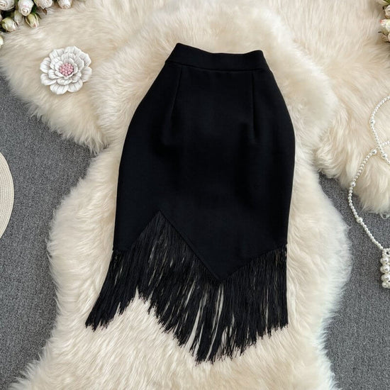 Stitching Tassel High Waist Irregular Pencil Skirt $38.50 Dana Fashion Color: Black Size: 2XL Women's clothing Product information: Waist type: high waist Color classification: Black Skirt-type: hip skirt Skirt length: mid-length skirt Size: S,M,L,XL,2XL,