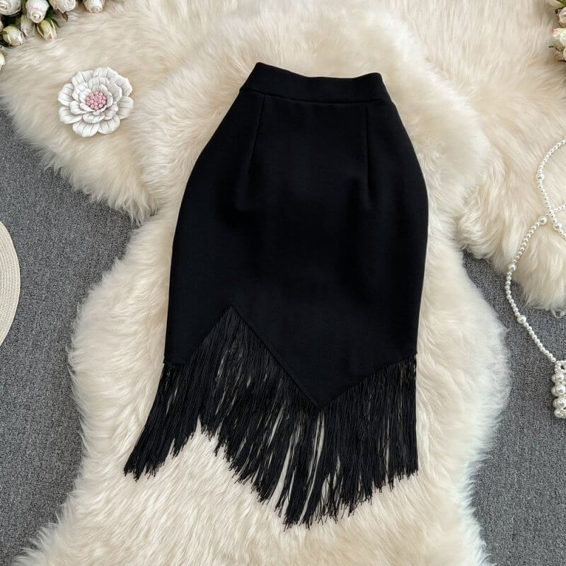 Stitching Tassel High Waist Irregular Pencil Skirt $38.50 Dana Fashion Color: Black Size: 2XL Women's clothing Product information: Waist type: high waist Color classification: Black Skirt-type: hip skirt Skirt length: mid-length skirt Size: S,M,L,XL,2XL,