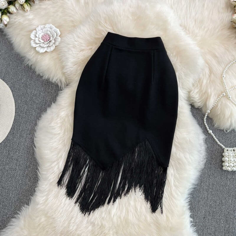 Stitching Tassel High Waist Irregular Pencil Skirt $38.50 Dana Fashion Color: Black Size: 2XL Women's clothing Product information: Waist type: high waist Color classification: Black Skirt-type: hip skirt Skirt length: mid-length skirt Size: S,M,L,XL,2XL,