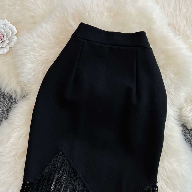 Stitching Tassel High Waist Irregular Pencil Skirt $38.50 Dana Fashion Color: Black Size: 2XL Women's clothing Product information: Waist type: high waist Color classification: Black Skirt-type: hip skirt Skirt length: mid-length skirt Size: S,M,L,XL,2XL,