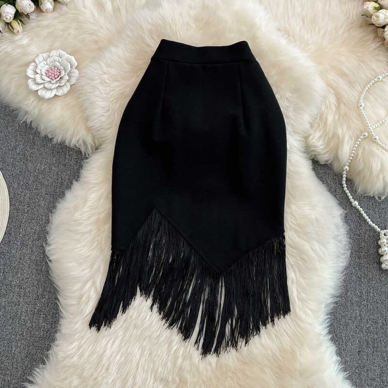 Stitching Tassel High Waist Irregular Pencil Skirt $38.50 Dana Fashion Color: Black Size: 2XL Women's clothing Product information: Waist type: high waist Color classification: Black Skirt-type: hip skirt Skirt length: mid-length skirt Size: S,M,L,XL,2XL,
