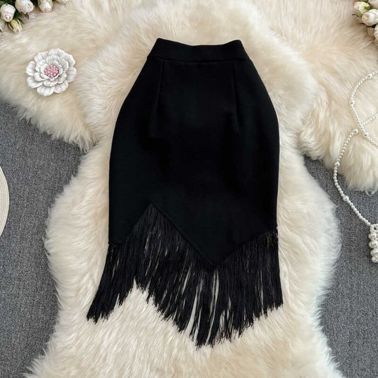 Stitching Tassel High Waist Irregular Pencil Skirt $38.50 Dana Fashion Color: Black Size: 2XL Women's clothing Product information: Waist type: high waist Color classification: Black Skirt-type: hip skirt Skirt length: mid-length skirt Size: S,M,L,XL,2XL,
