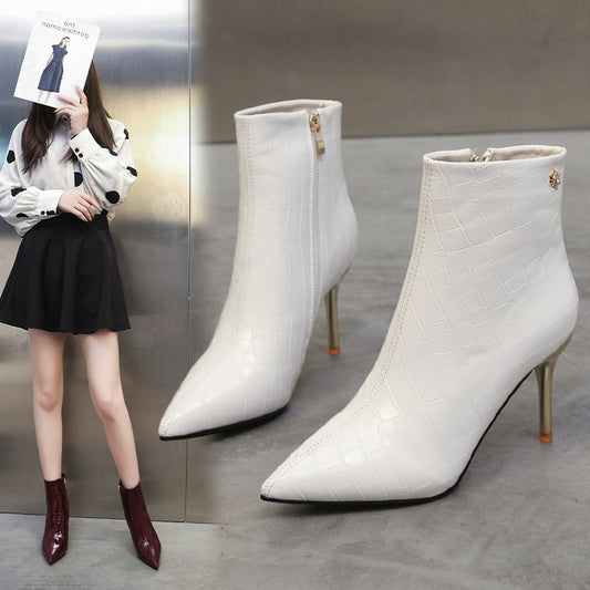 Stone Pointed Patent Leather All-matching Stiletto Thin Women's Boots $57.50 Dana Fashion Color: Beige Size: 34 Women's shoes Product information: Lining material: imitation leather Color: black, wine red, Milky White Heel height: mid heel (3-5CM) Length