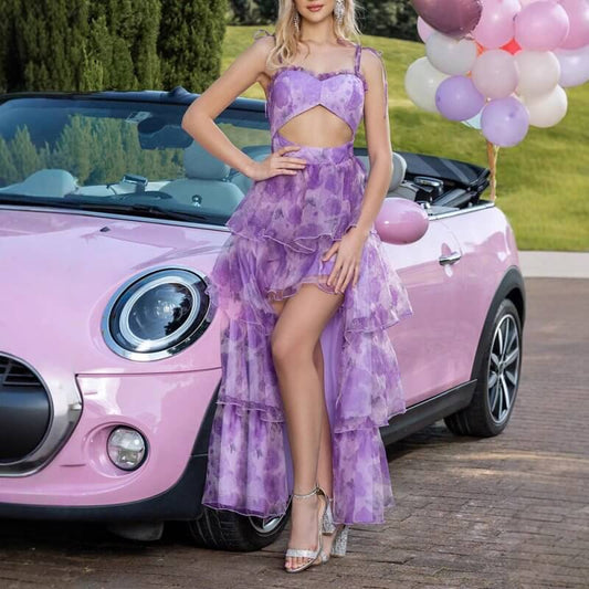 Straps Tulle Flounce Irregular Dress $129.50 Dana Fashion Color: DMQ77311 Purple Size: L Women's clothing Product information: Pattern: Printing Skirt type: cake dress Waist Type: Mid waist Size: XS,S,M,L Style type: fresh and sweet Combination form: Sing